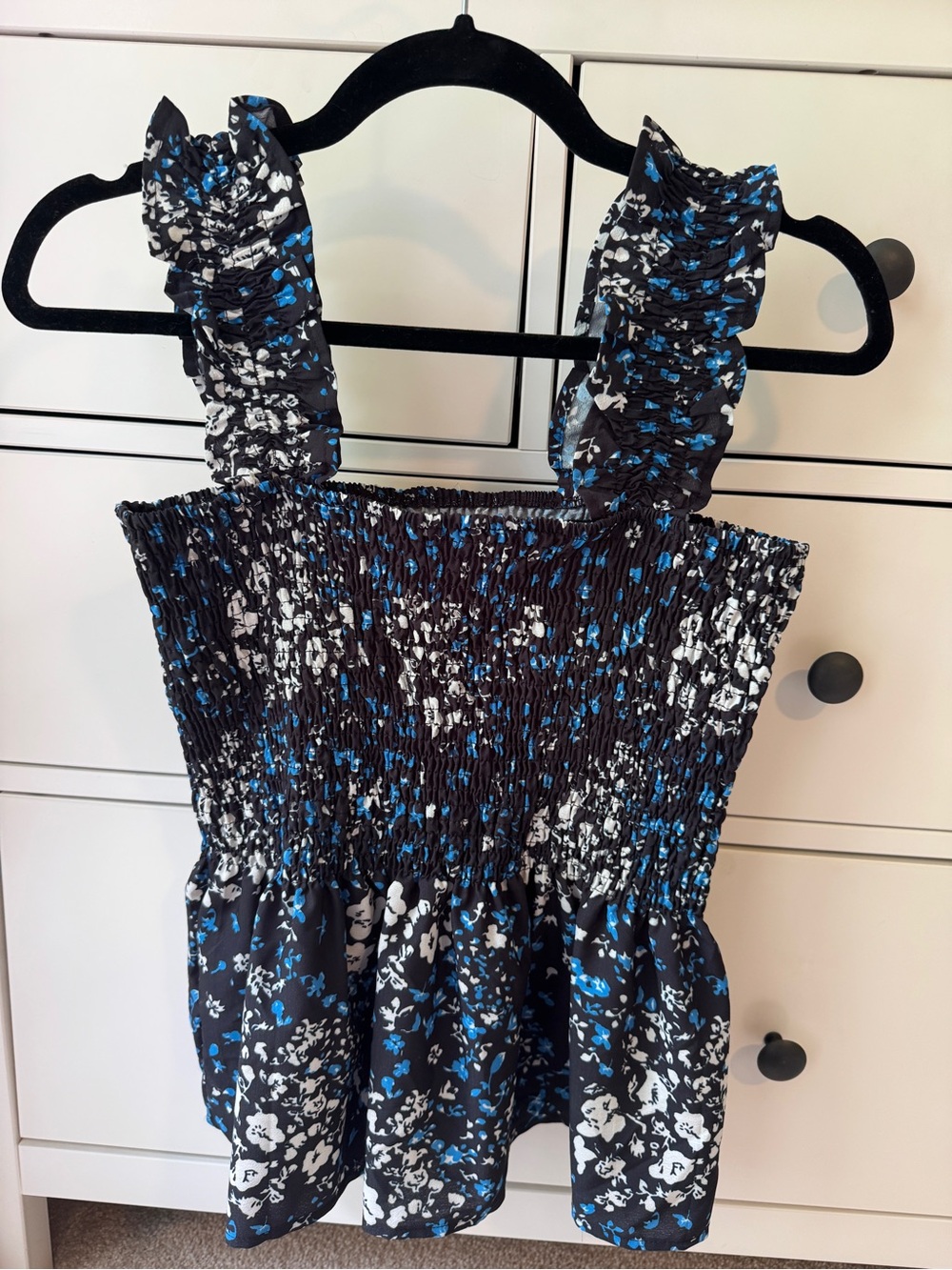 Black Floral Smocked Tank with Blue & White Accents